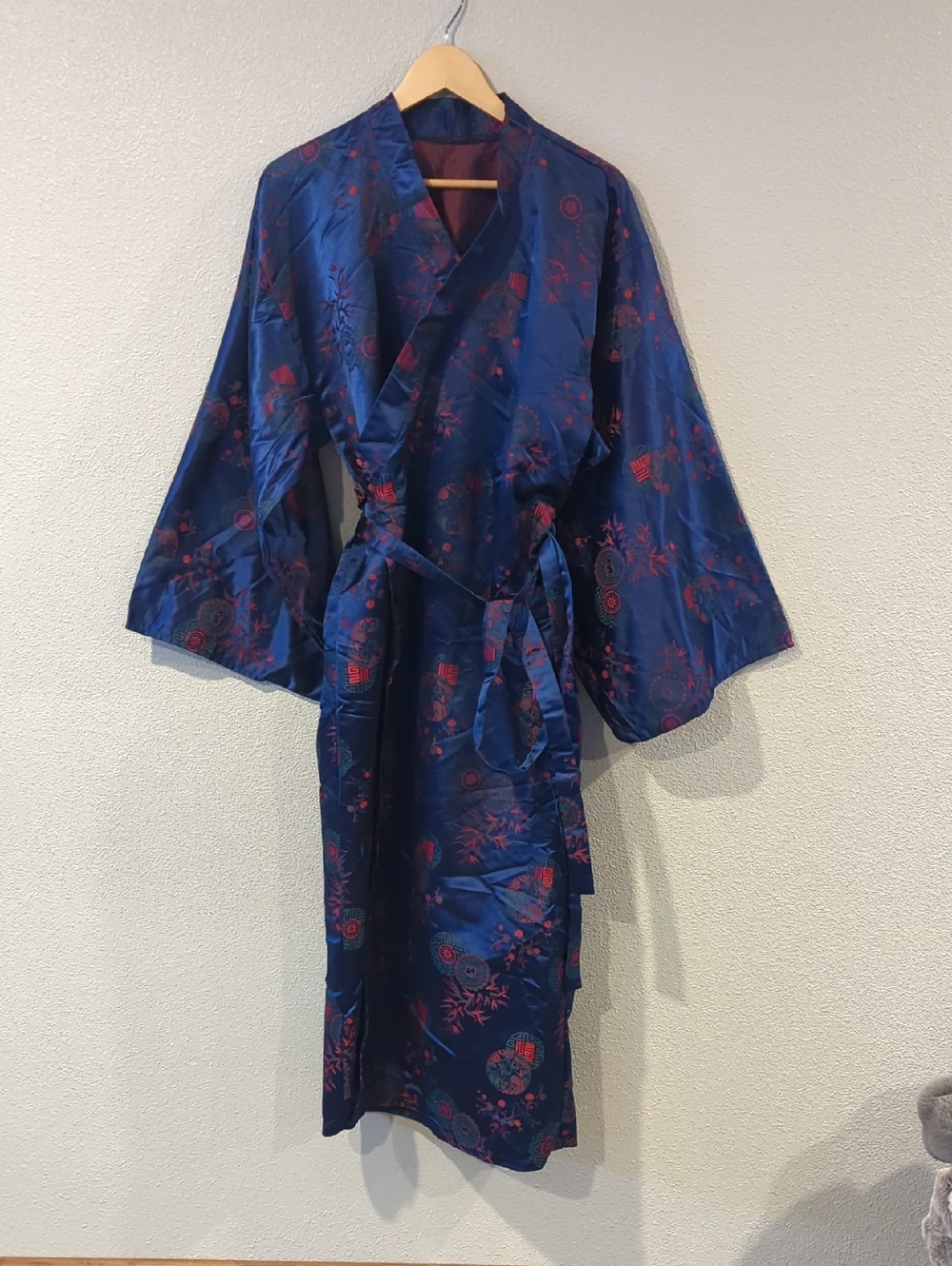 Blue Floral Satin Kimono Robe